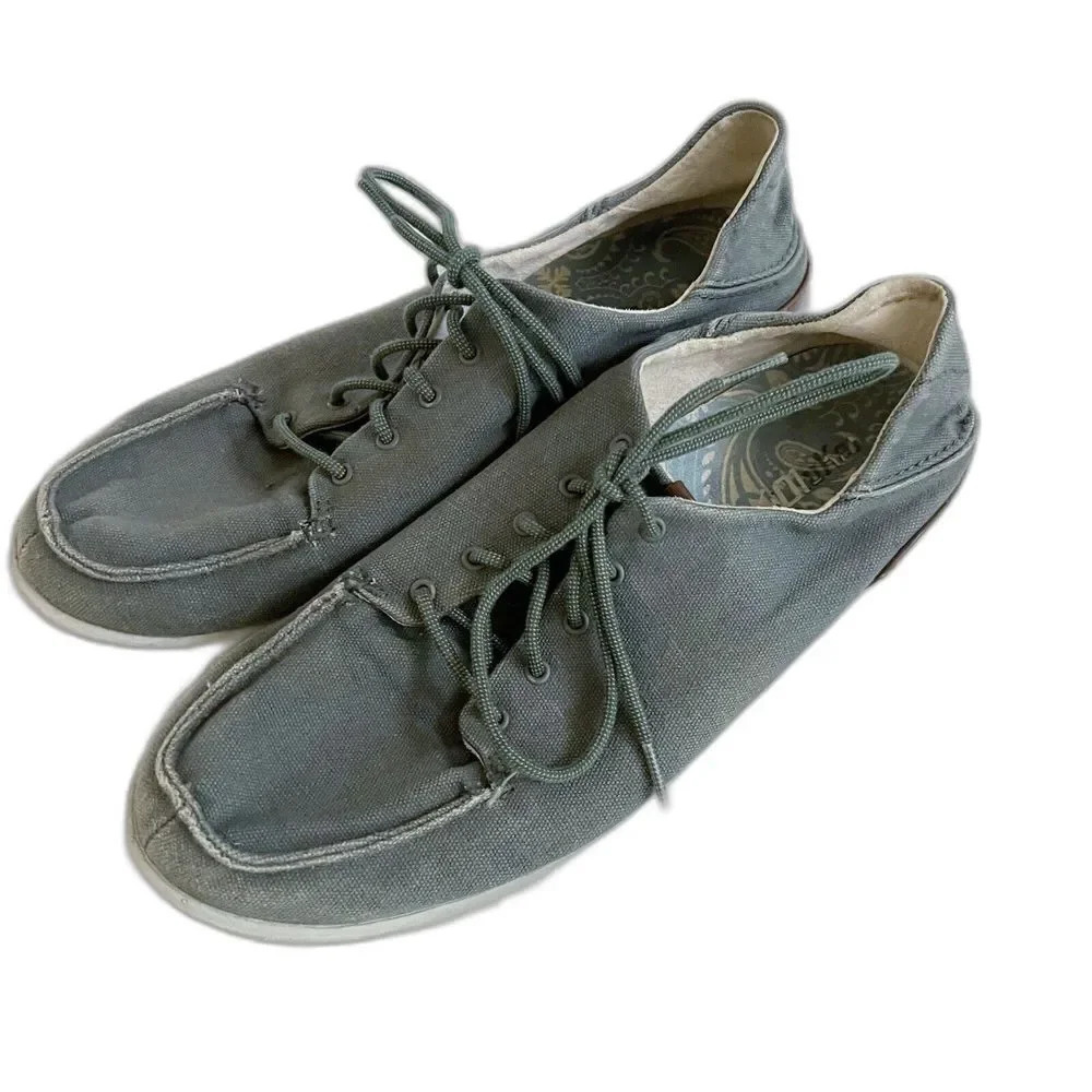 OluKai Manoa Mens 10.5 Casual Oxfords Lace Up Shoes Canvas Slip On Gray Comfort
